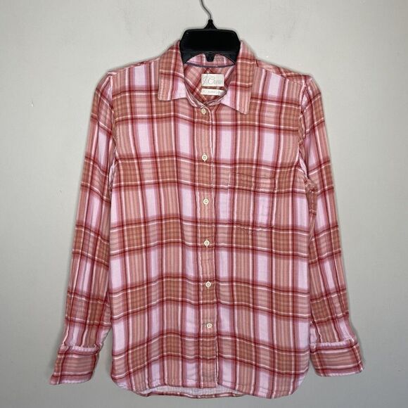 J CREW Shirt Womens 4 Pink Plaid Double-Weave Cotton Button-Up Classic-Fit - Picture 1 of 9